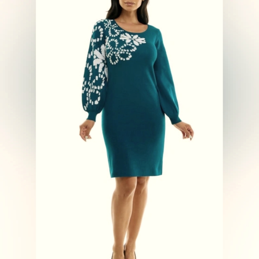 Nina Leonard Sweater Dress Teal with White Flowers